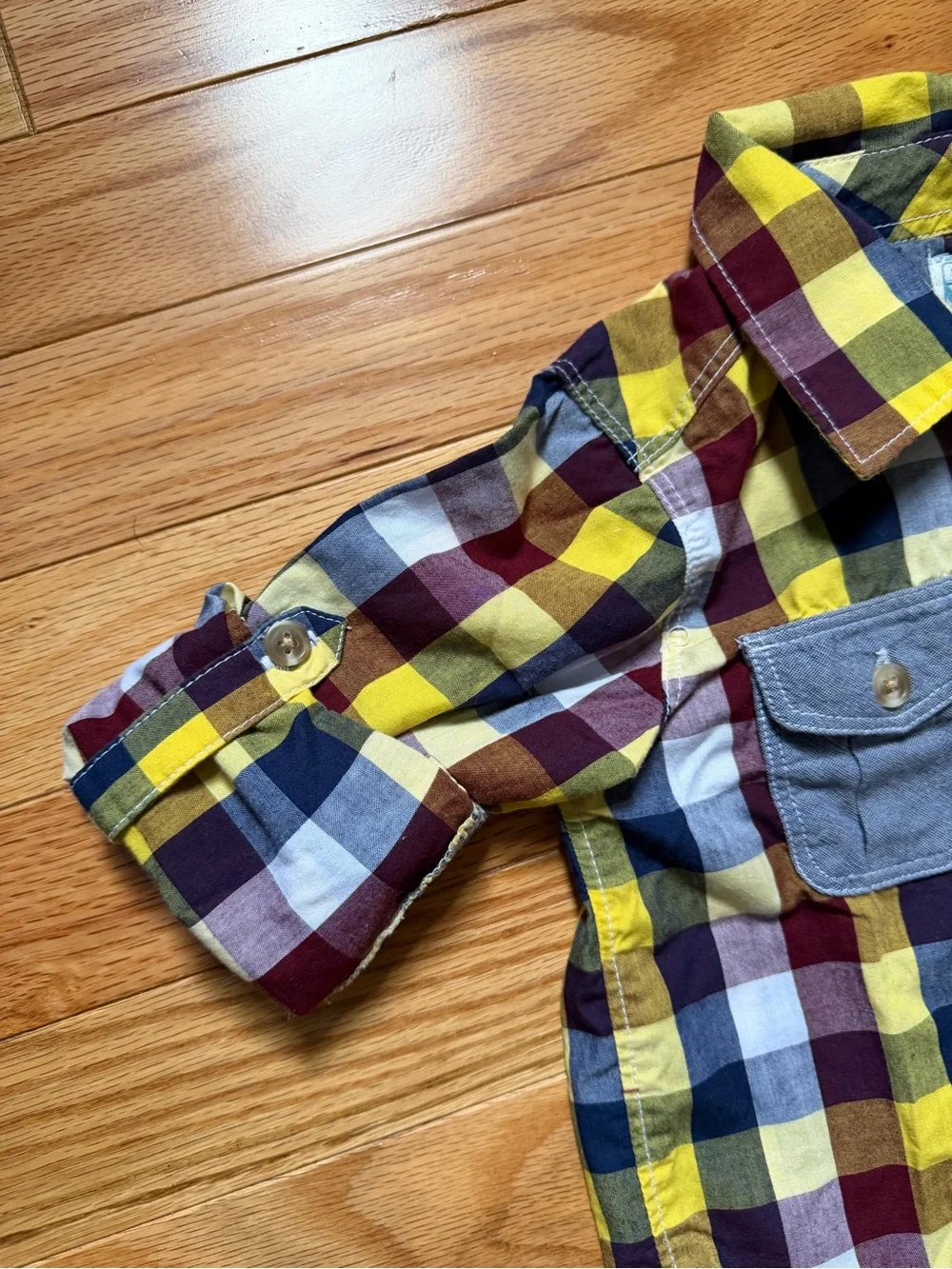 Old Navy Plaid Button-Down Shirt in Yellow, Red & Blue with Chambray Pockets